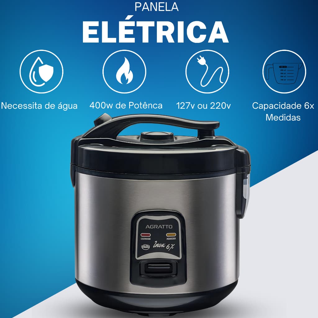 Panela Elétrica de Arroz 6 xícaras C legumeira Multifuncional De alimentos em inox agratto 400w