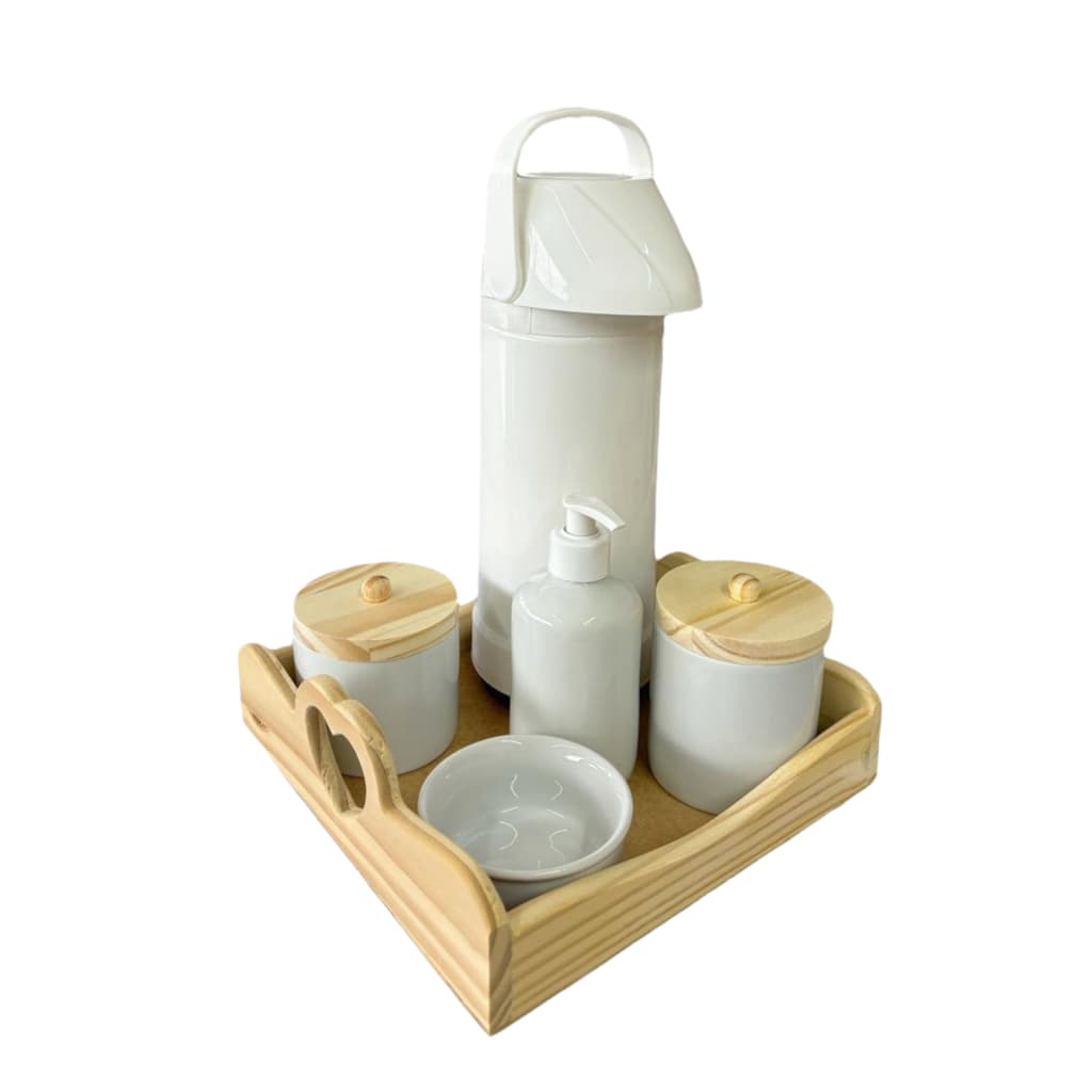 Kit higiene bebê de porcelana com bandeja alça coração em pinus qualidade presente dia das mão e chá revelação