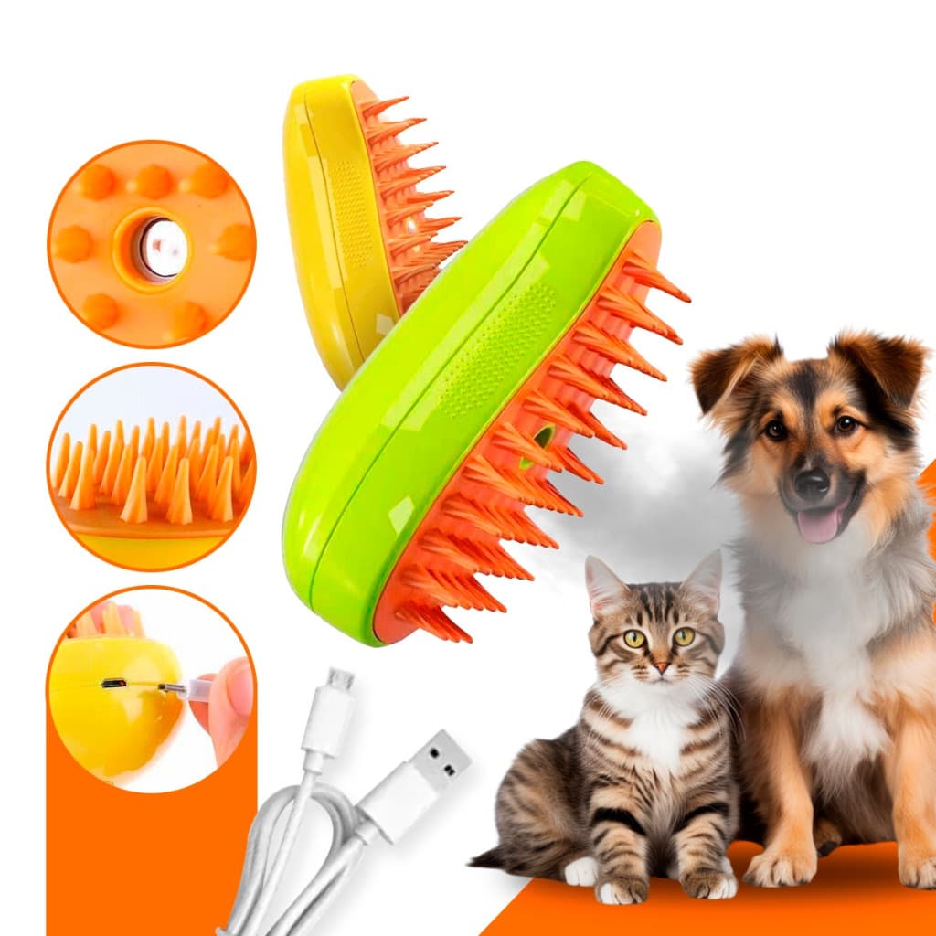 Escova Vapor Tira Pelo Recarregável Usb Cão Gato Escova Elétrica 3 Em 1 Pente De Massagem Suave