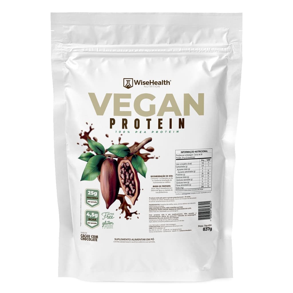 Vegan Protein (837g) – 100% Proteína Vegana WiseHealth Dose de 34g Proteína Sem Glúten e Lactose