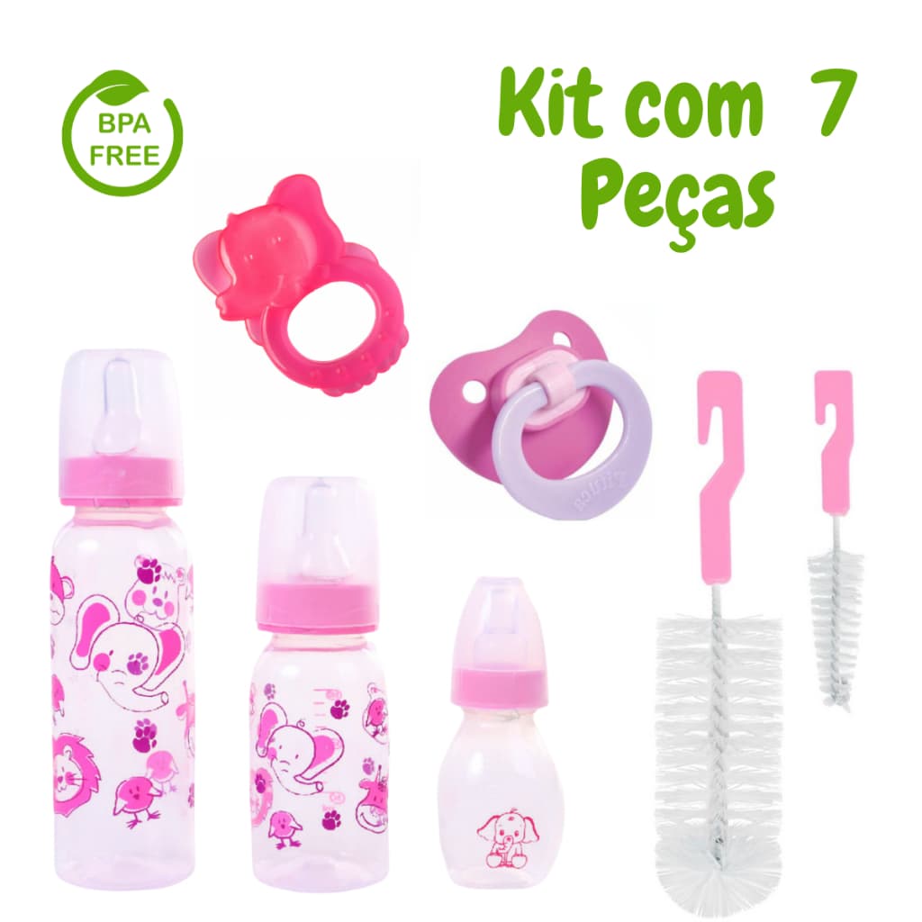 Kit 7 Peças 3 Mamadeiras + Mordedor + Chupeta + 2 Escovas Para Lavar Mamadeiras