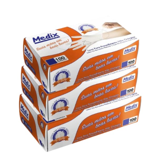 Kit 3 Luvas de látex Medix com pó descartáveis 300Unidades