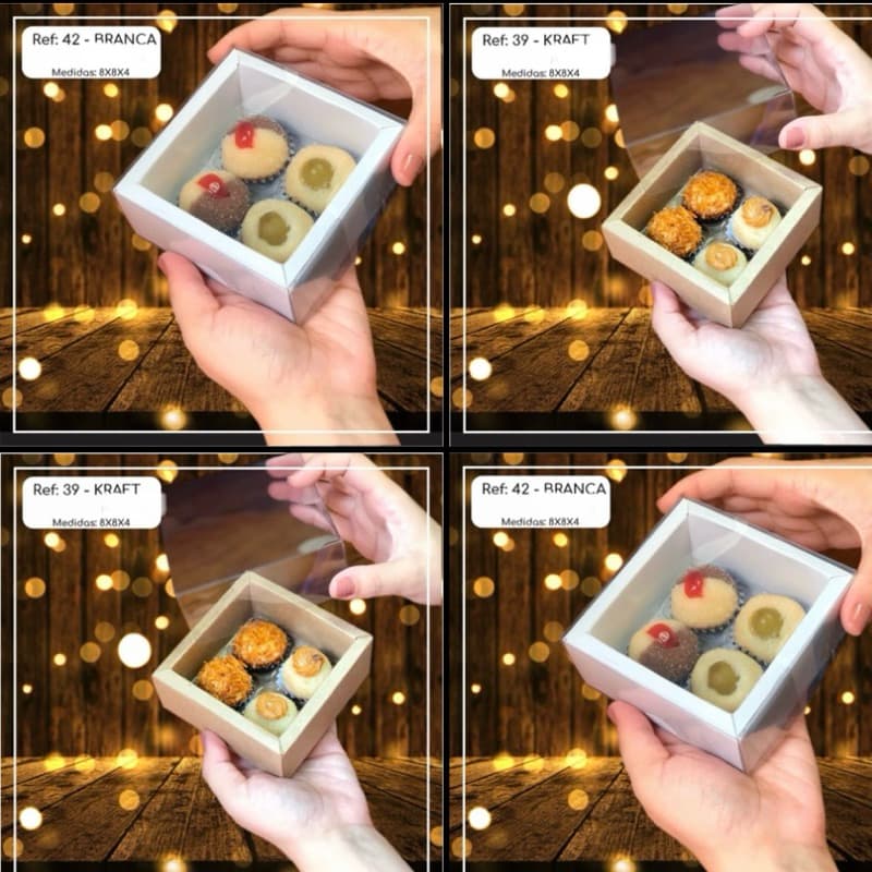 5~30 CAIXAS PARA 4 DOCES MOLDURA BRANCA/KRAFT  BORDA 8x8x4 REF
