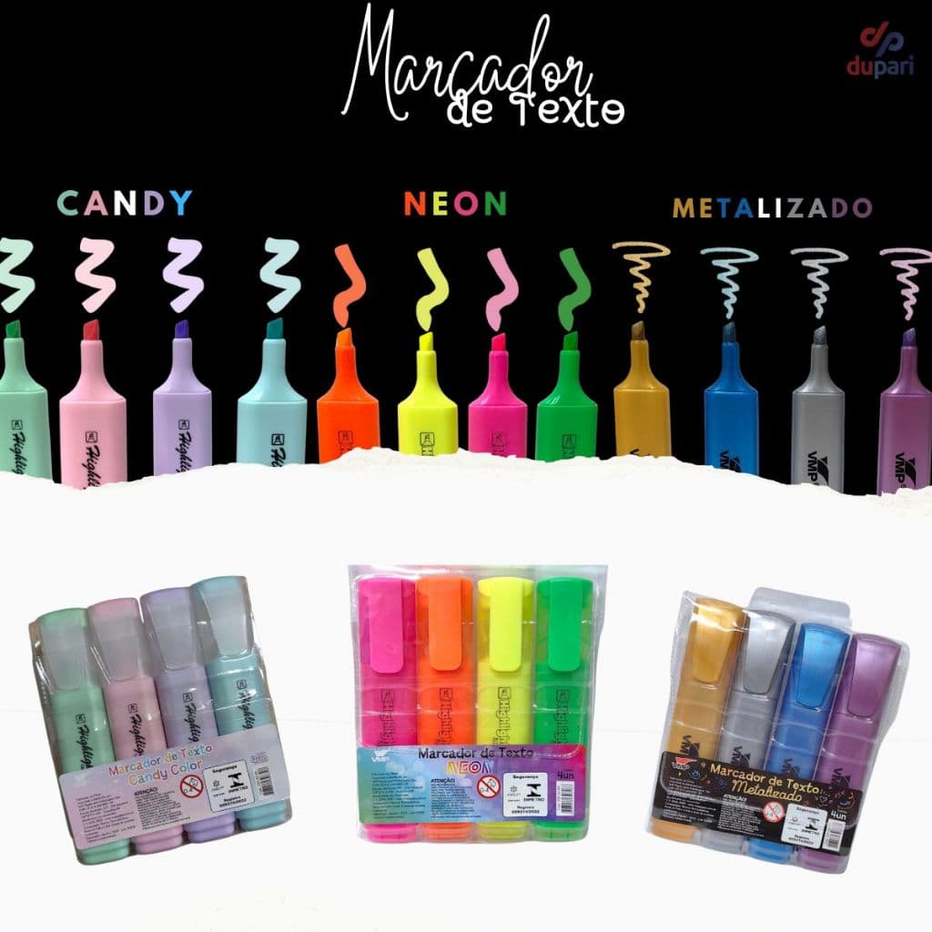 Marcador de Texto Marca Texto Colorido Candy Colors Metalizado Neon Escritório Kit Material Escolar