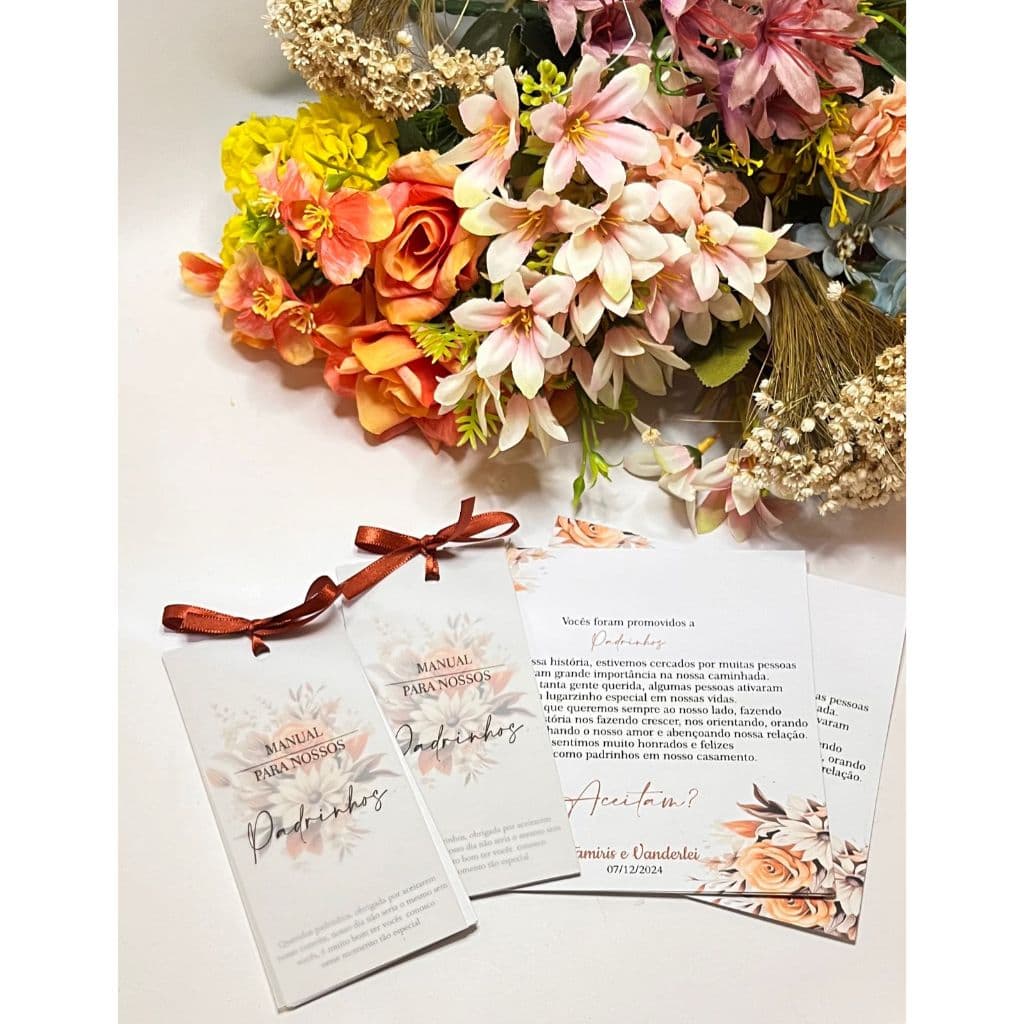 KIT MANUAL DE PAPEL VEGETAL + CONVITE TAMPA PADRINHOS/PAIS DOS NOIVOS/ DAMINHAS/PAJEM