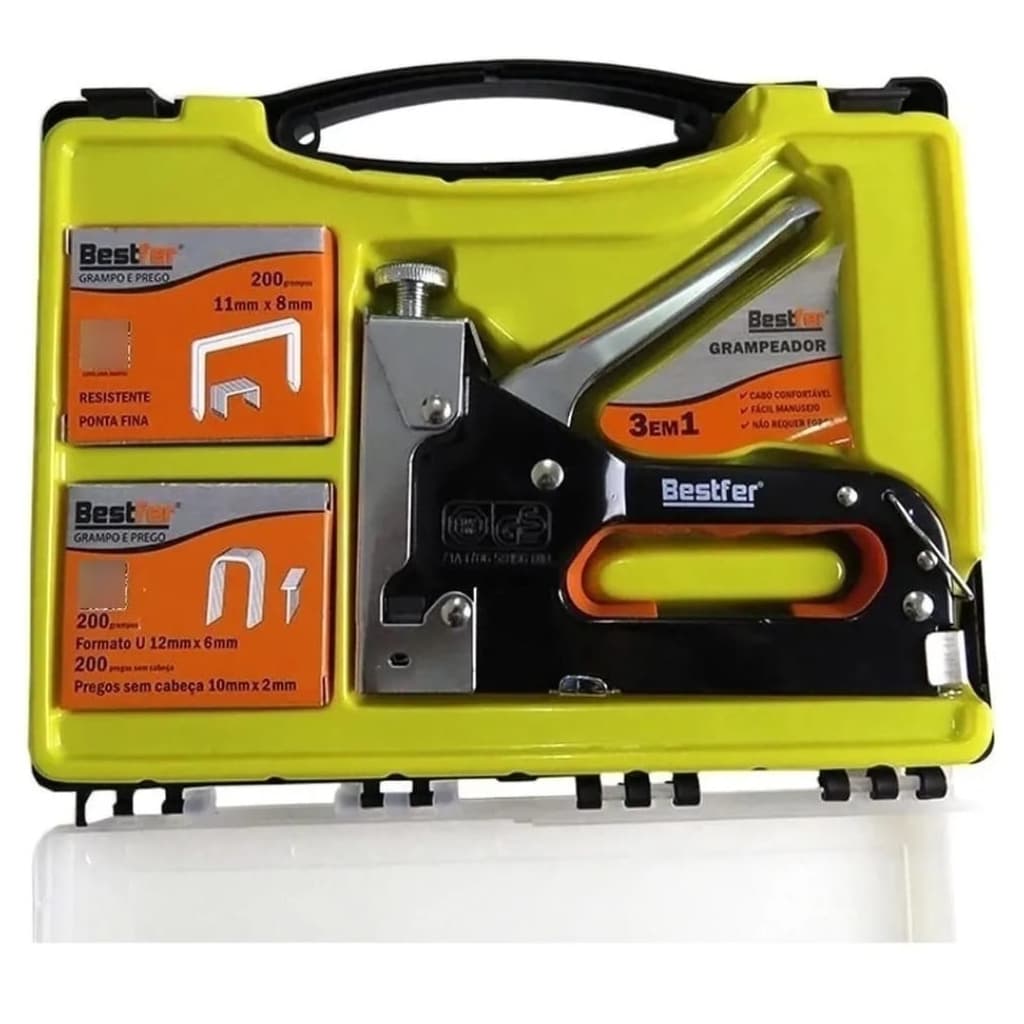 Grampeador Tapeceiro Alta Pressão Pra Madeira Estofado Manual Maleta Profissional Kit 3 em 1 Bestfer