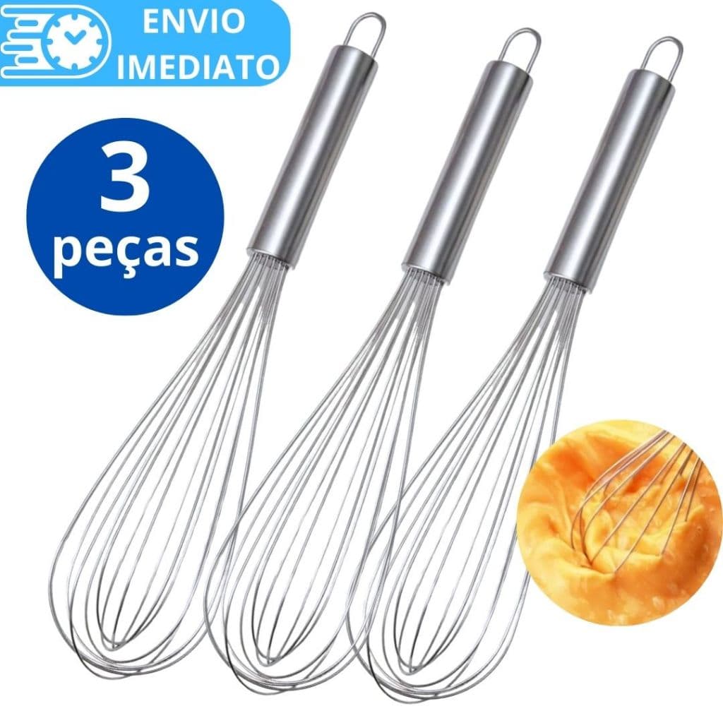 KIT 3 Batedor de clara ovo Fouet fue INOX para Cozinha Casa Diversas Receitas Bolo Pão Farinha