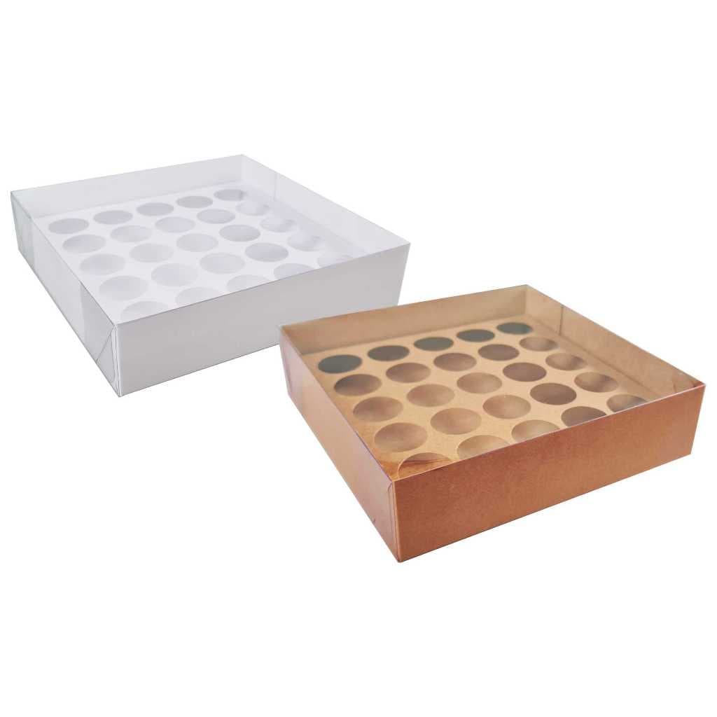 20 Caixa p/ 25 doces tampa transparente visor transporte e presente 20X20X5 p/ 25 brigadeiros