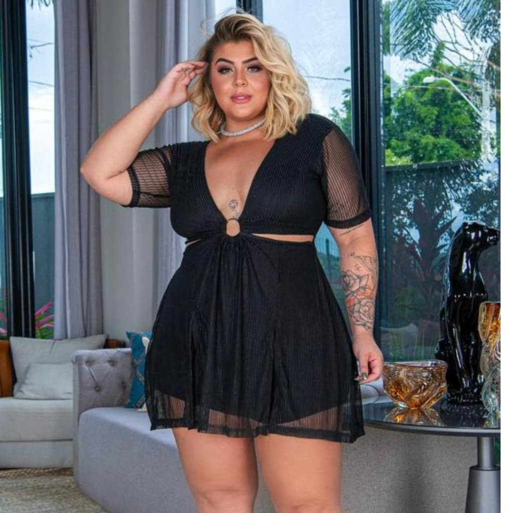 Macaquinho Manga Curta Festa Balada Plus Size Maravylhosa Curve