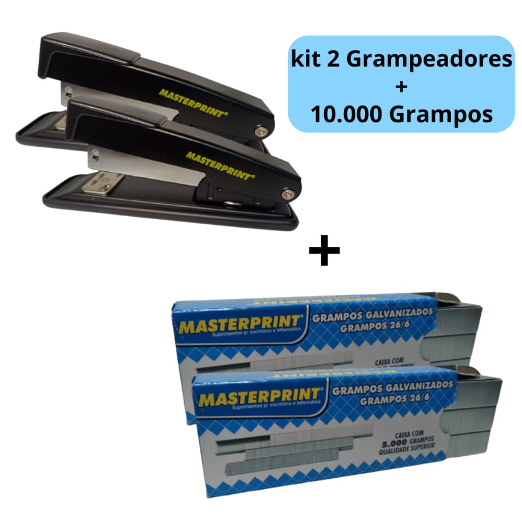 Kit 02 Grampeador Metal + 10.000 Grampos 26/6 Galvanizados Escolar Escritório MASTERPRINT