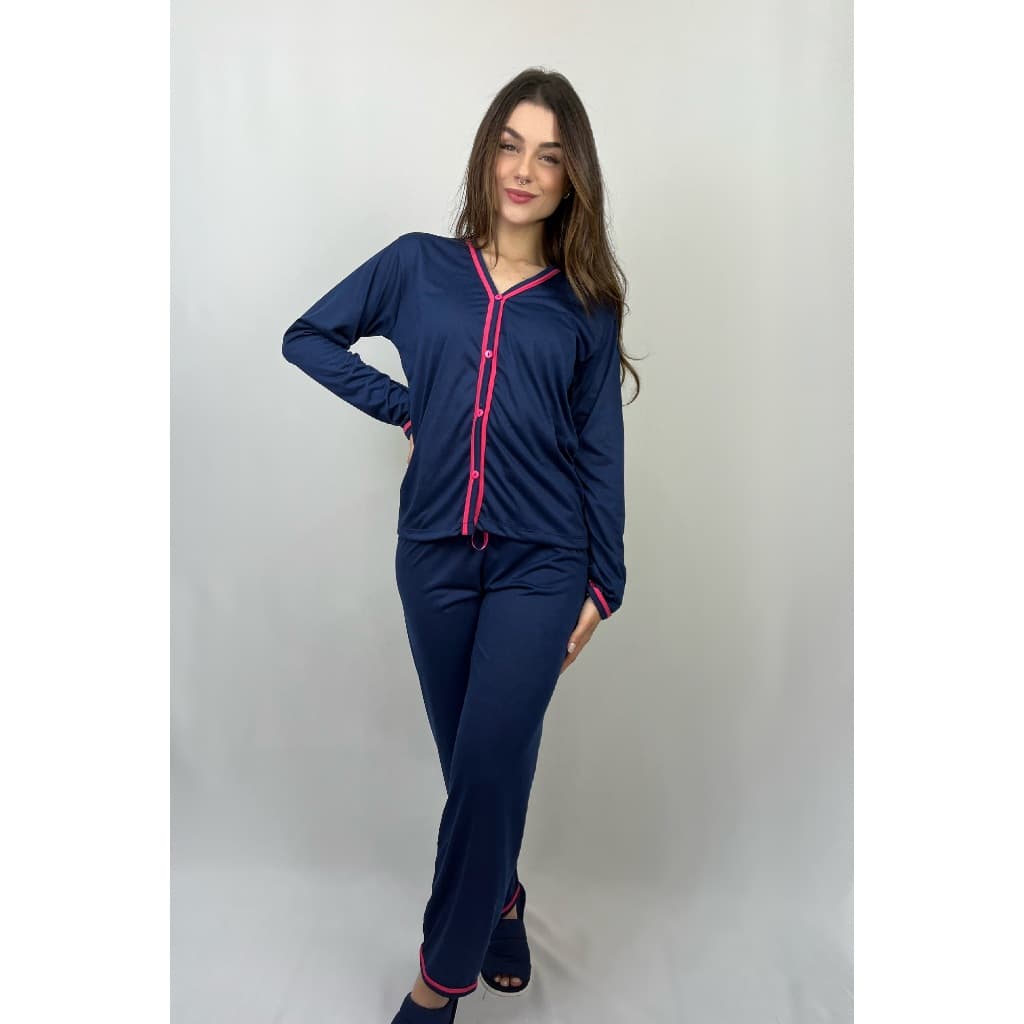 Pijama Longo Americano Blogueirinha Feminino Aberto Amamentação de Botão Blogueira Promoção