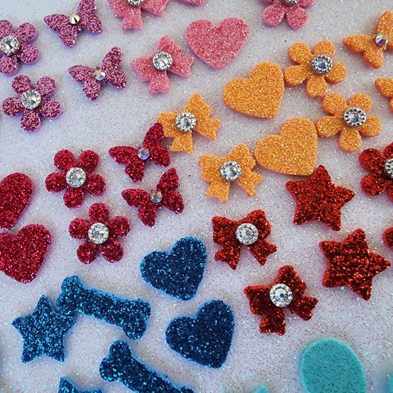 200 Adesivos Pet Piercing Lacinhos Pelo Curto EVA Glitter Sortidos Petshop Banho e Tosa