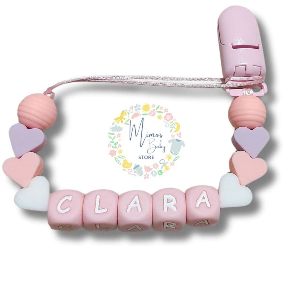 Prendedor de Chupeta de Silicone Macio e Mordedor Personalizado com Nome do Bebê Coração BPA FREE