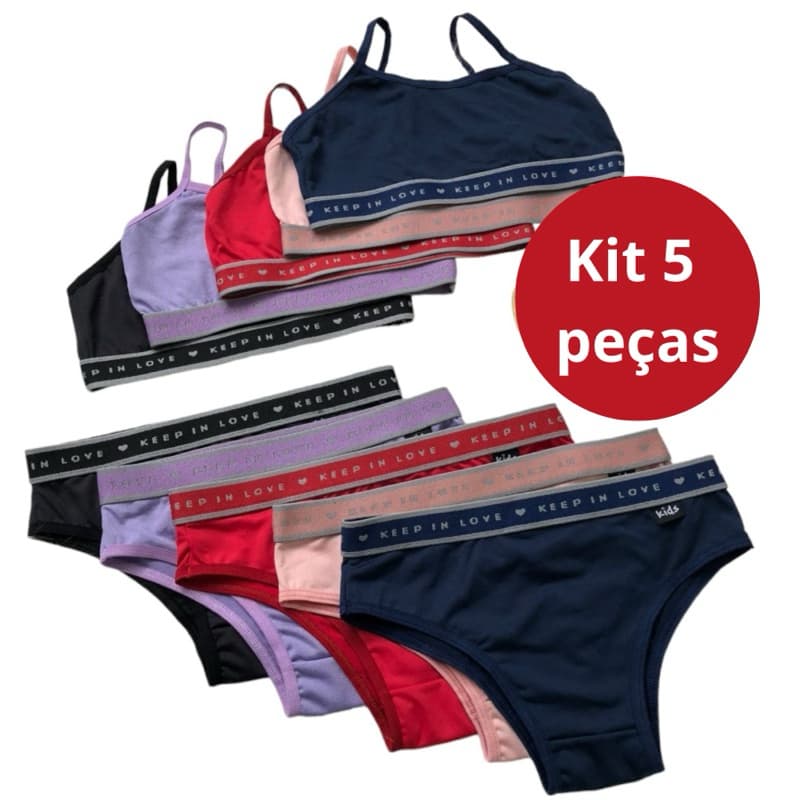 Kit 5 Conjuntos Juvenil Lingerie Top calcinha com elástico Revenda Moda Infantil