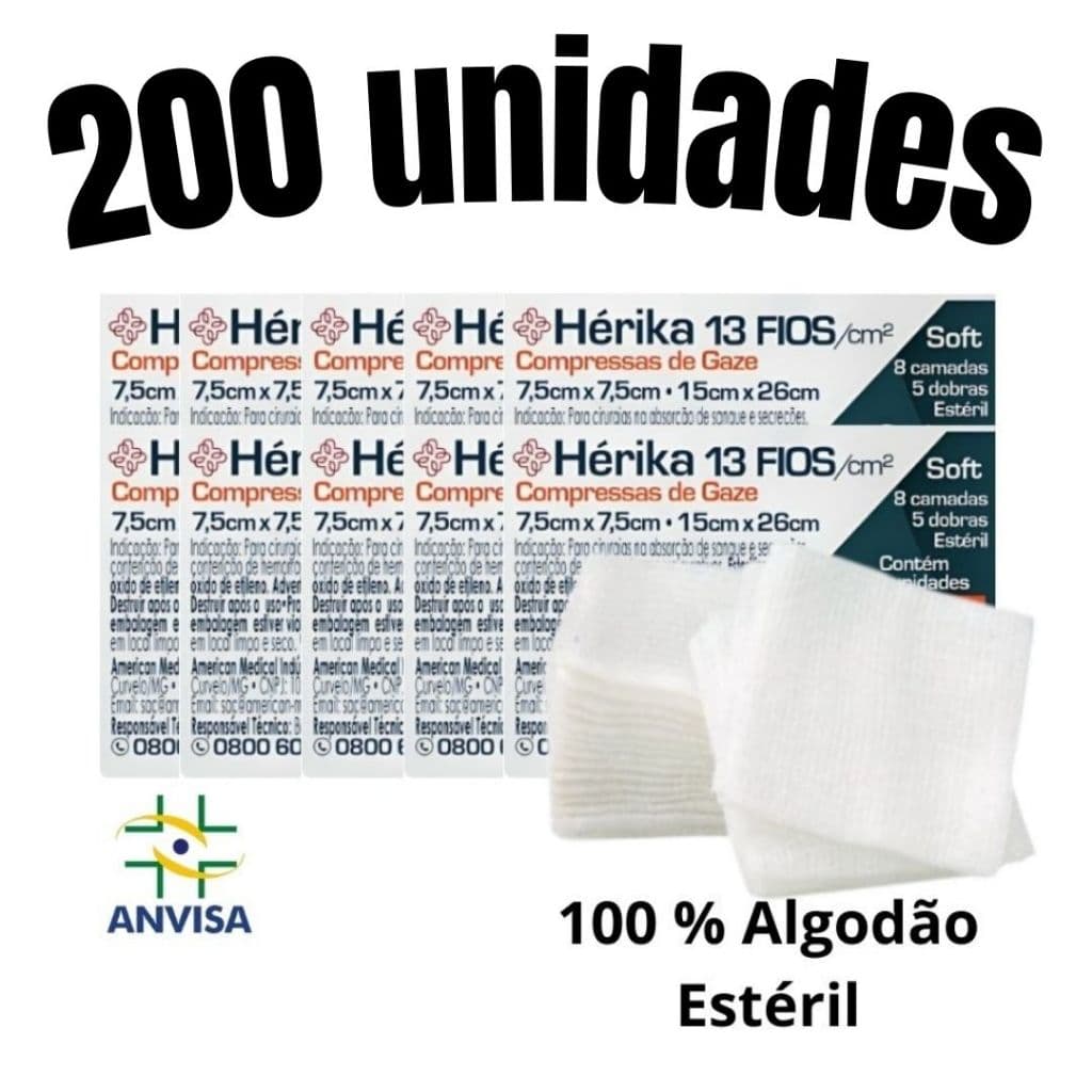 Kit 200un | 100un | 50un Compressa Gaze Estéril Hidrófila Hérika Cirúrgica Curativo Feridas 13 Fios 7,5cm