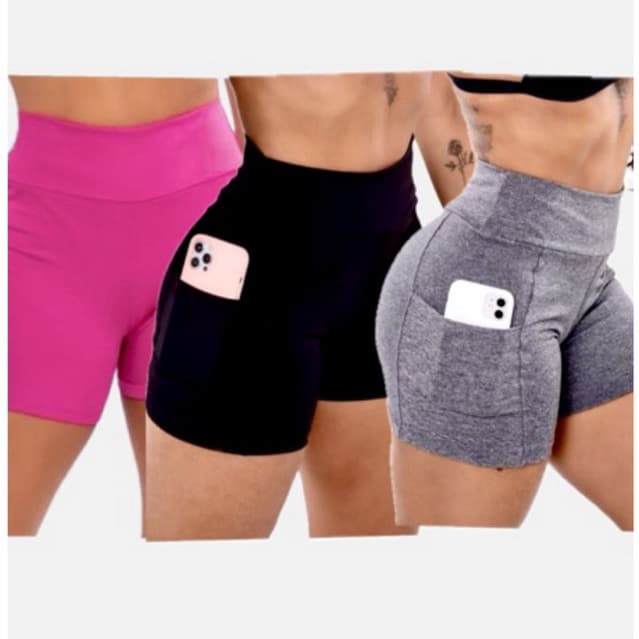 kit 3 short bolso suplex perfeito para treino academia crossfit roupas fitness feminino