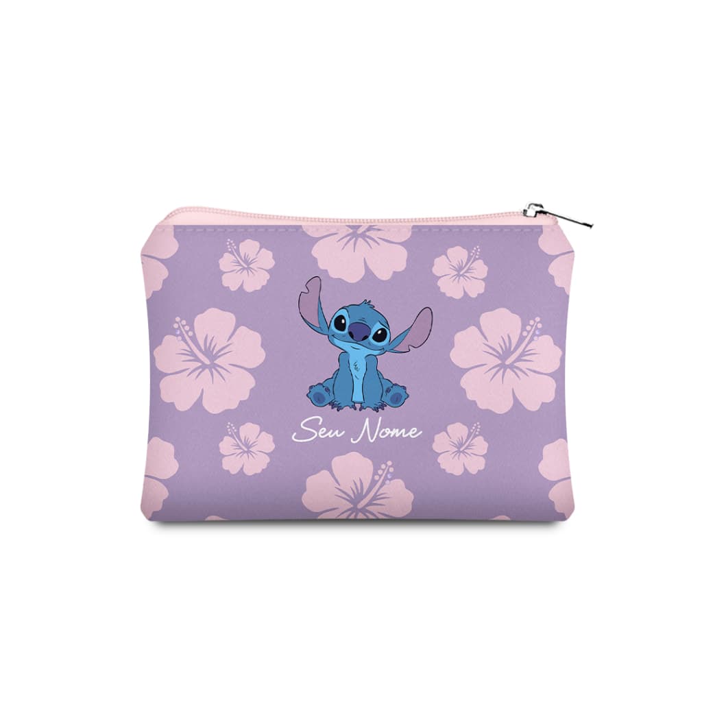 Necessaire Mini Lilás Stitch Cute Floral Personalizada com Nome