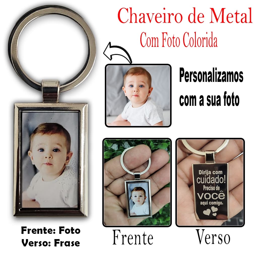 Chaveiro de Aço Inox Personalizado com Foto Colorida - Presente Dia dos Pais - Criança - Casal Namorados