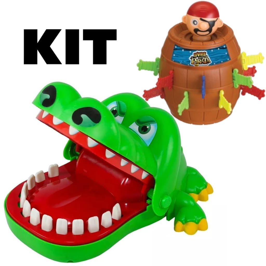 Kit 2 Brinquedos Jogo Jacaré Crocodilo Morde Dedo e Pula Pirata Barril