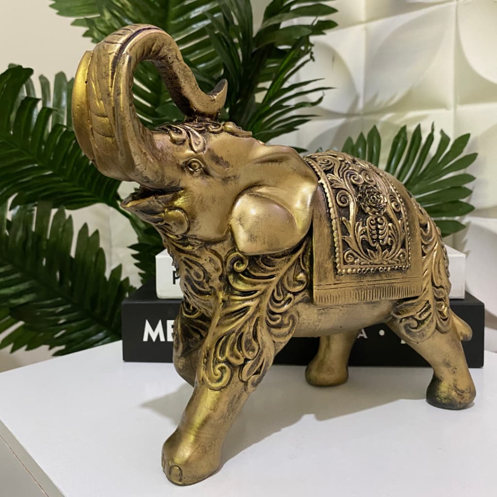 Elefante Indiano Escultura - Estatueta Decorativa Sorte E Sabedoria Dourado Luxo