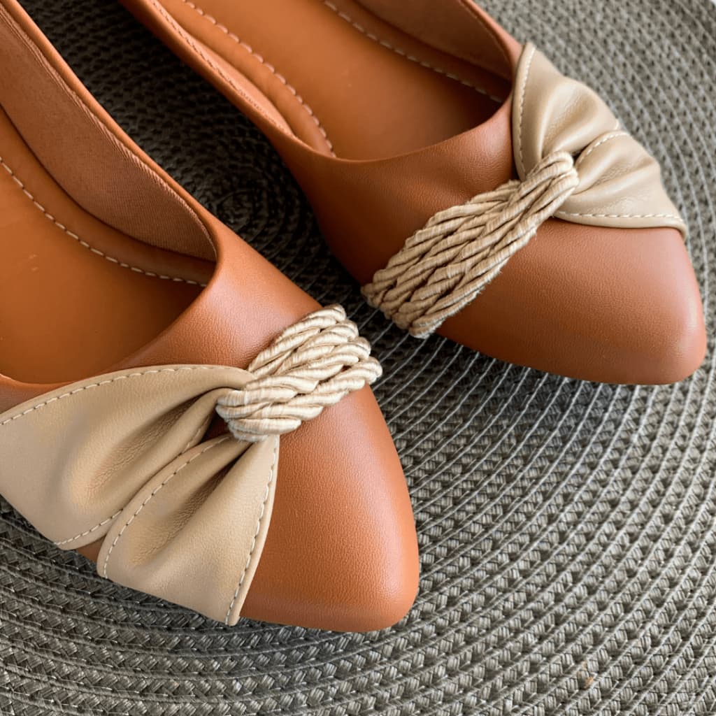 Sapatilha Feminina Confortável Bico Fino Sapatilha Terracota Cordão Trançado Elegante