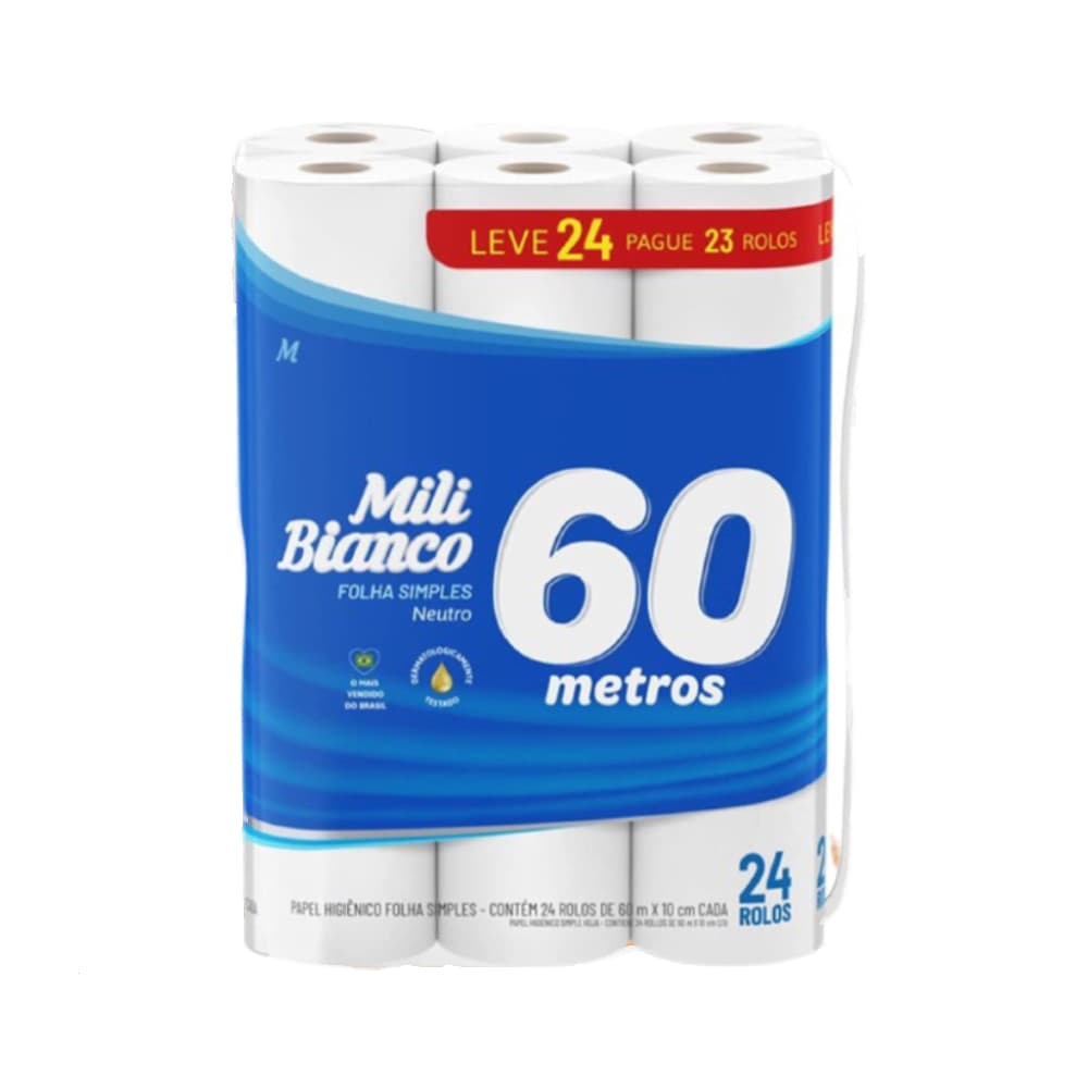 papel higienico mili fardo com 24 rolos de 60 metros bianco neutro folha simples