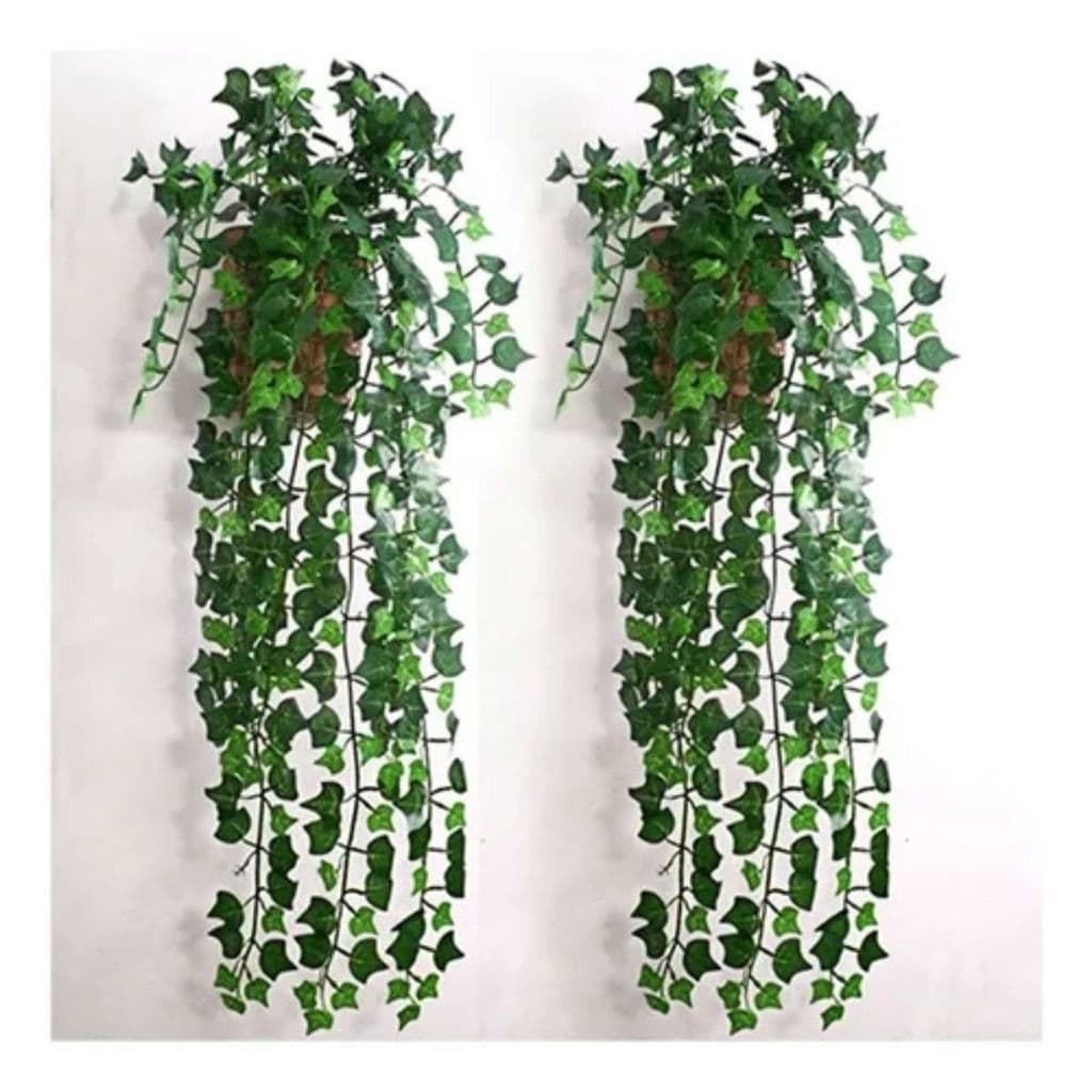 2 Kit Planta Decorativa: 2 Vasos Trançado + 6 Pendentes Artificial Folhas de Hera Verde