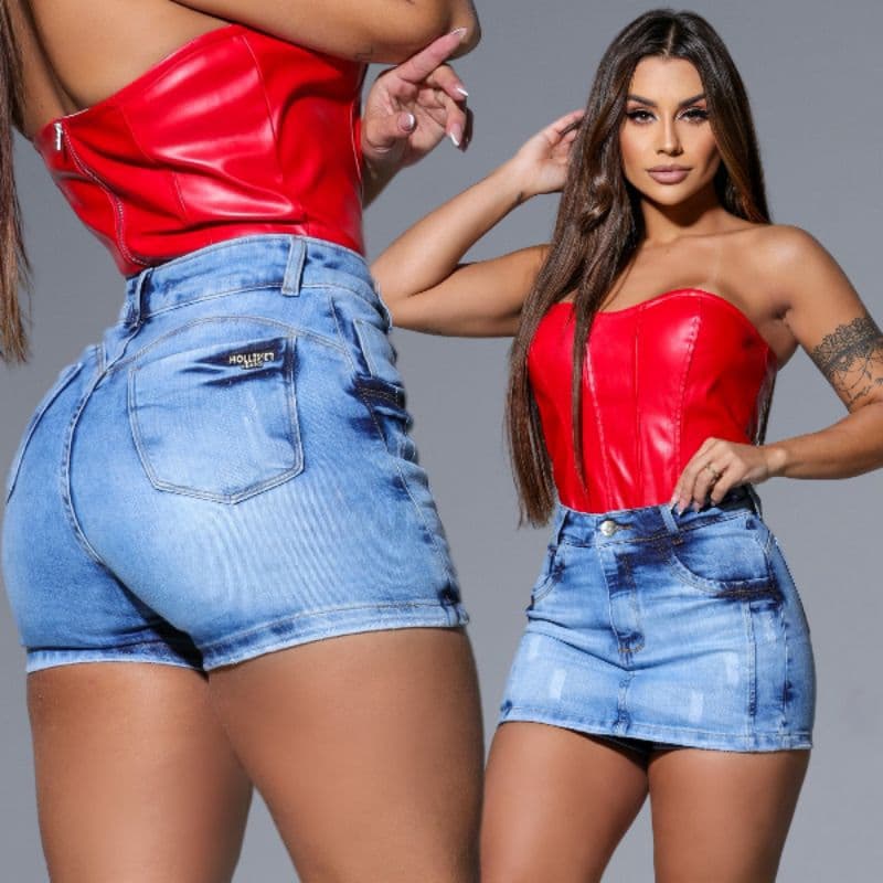 Short Saia Jeans Premium luxo Cintura cós alto com LAYCRA