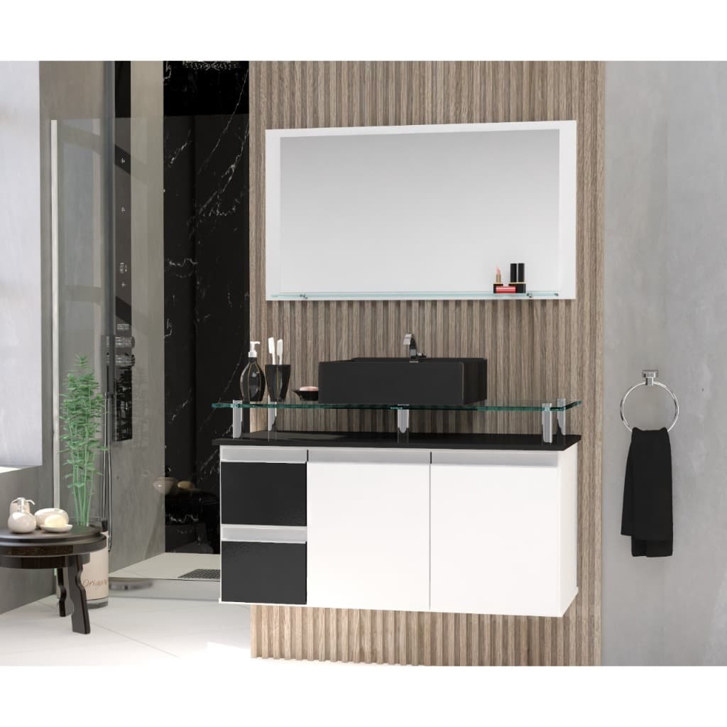 Conjunto Gabinete Banheiro Diamante 80cm MDF + Espelheira + Cuba + tampo de vidro temperado