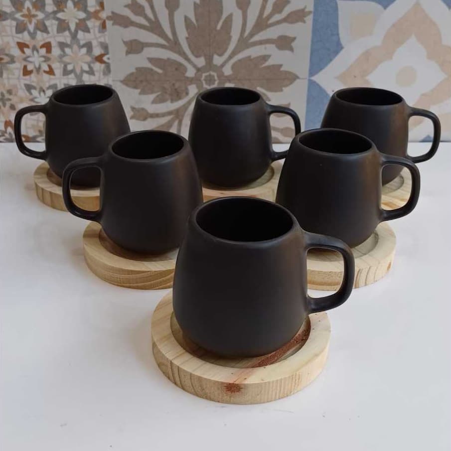 Jogo 6 Caneca Xicara Bojuda 150ml Organica para Cafezinho Lembrancinha COM PIRES MADEIRA