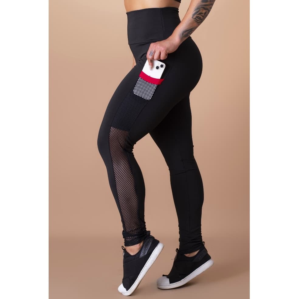 Calça Feminina Legging Cintura Alta Com Bolso Tela Lateral Academia GJR Modas