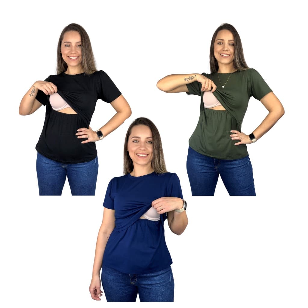 Kit 3 Blusa Amamentação Diversas Cores Viscolycra Premium Camiseta Manga Curta Gestante Amamentar
