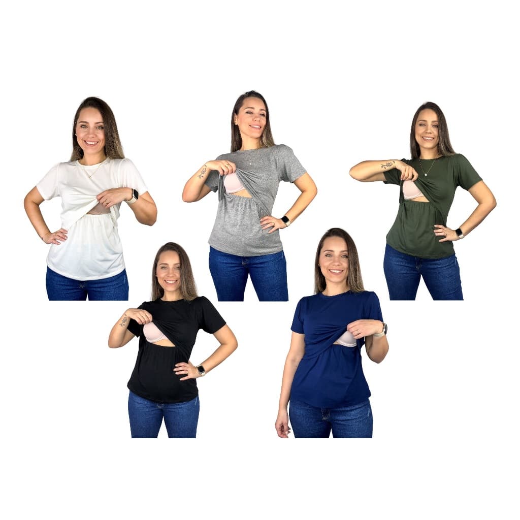 Kit 5 Blusa Amamentação Diversas Cores Viscolycra Premium Camiseta Manga Curta Gestante Amamentar