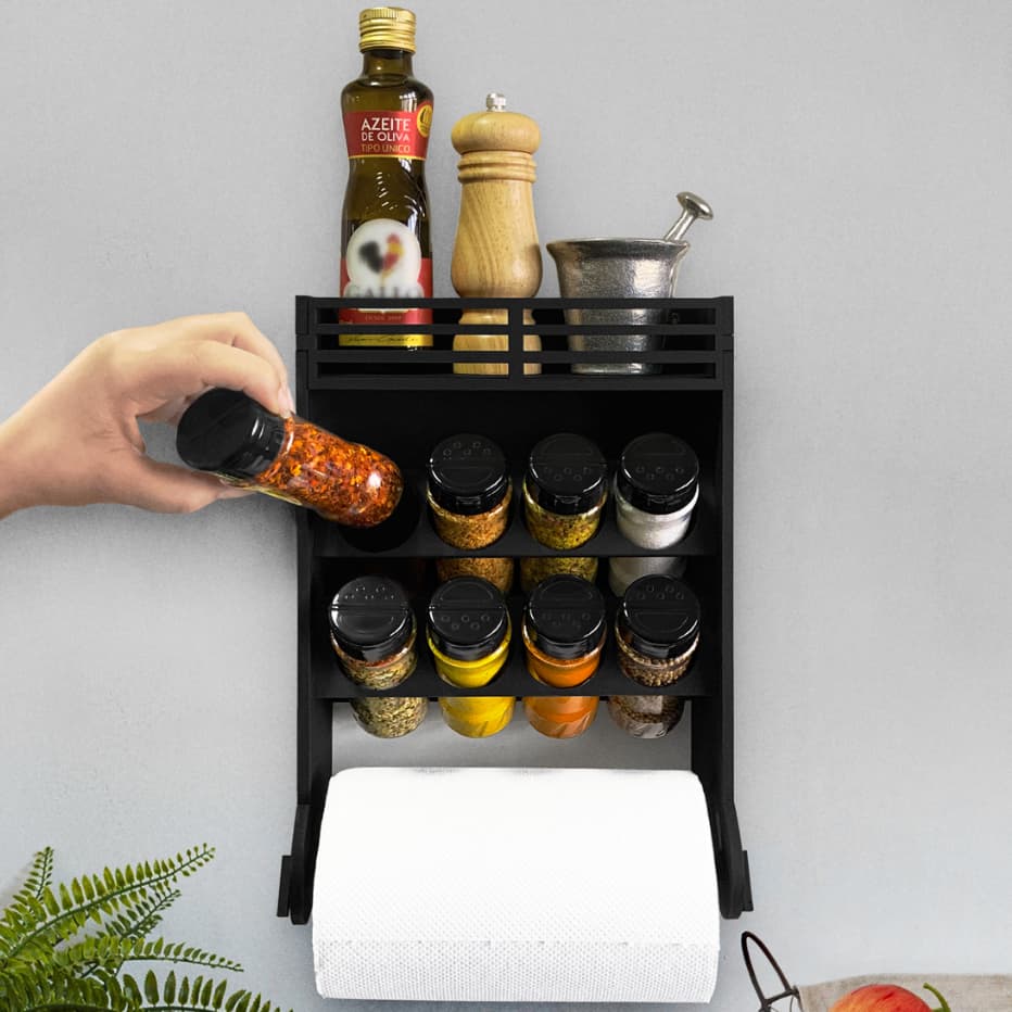 Porta Tempero Papel Toalha + 8 Potes Plástico Tampa Dosadora + Parafusos + Nicho Extra Parte Azeite