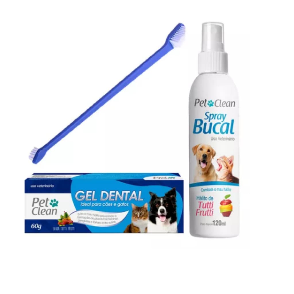 Kit Pasta De Dente Pet + Spray Bucal + Escova Dental Dupla Pet Cachorro Caes e Gatos