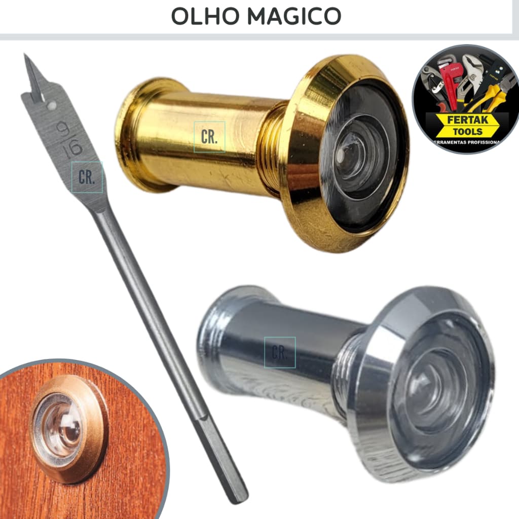 Olho Mágico Dourado ou Cromado Com Ângulo Visual 200º Com Regulagem Fertak Para Porta de Madeira.