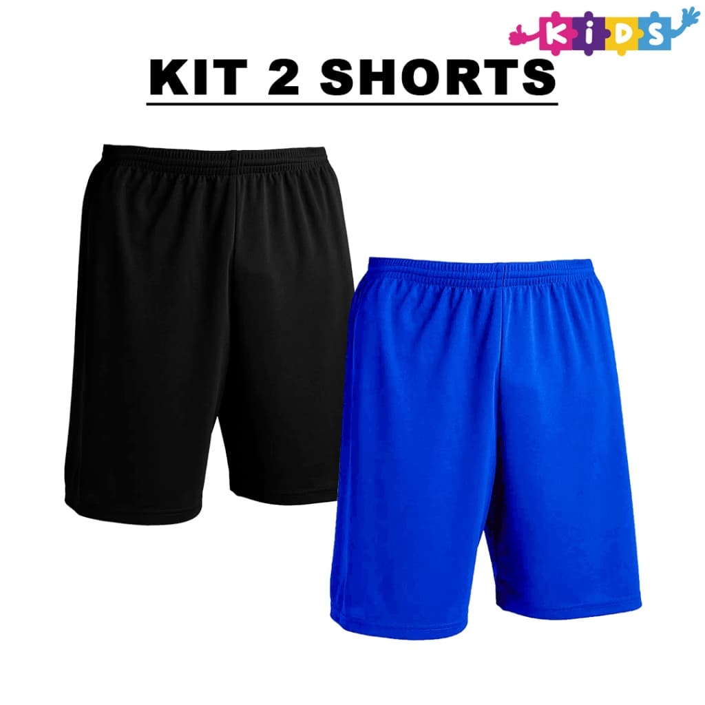 Kit 2 Bermudas Infantil Preto + Cores Calção Shorts De Futebol em Poliéster - Liso