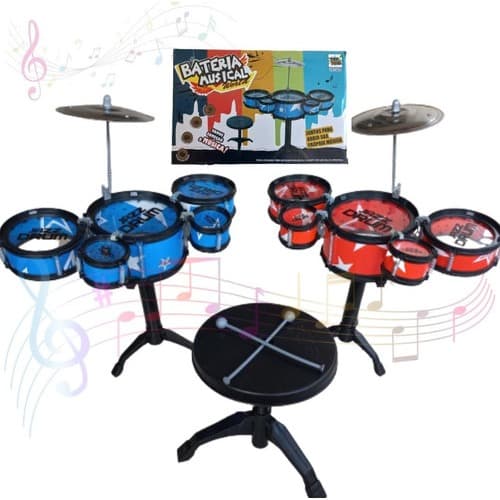 Bateria Infantil 5 Tambores C/baquetas E Banquinho Cor Azul