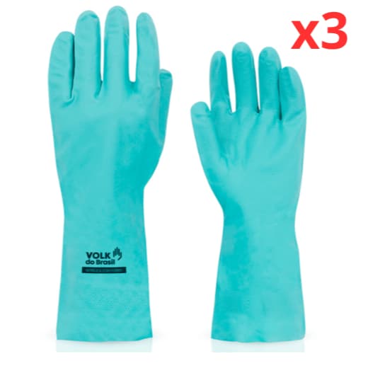 Kit 3 Luva Nitrilica Verde Com Forro Volk Louça Produto Quimico Faxina Limpeza Pesada Laboratorio