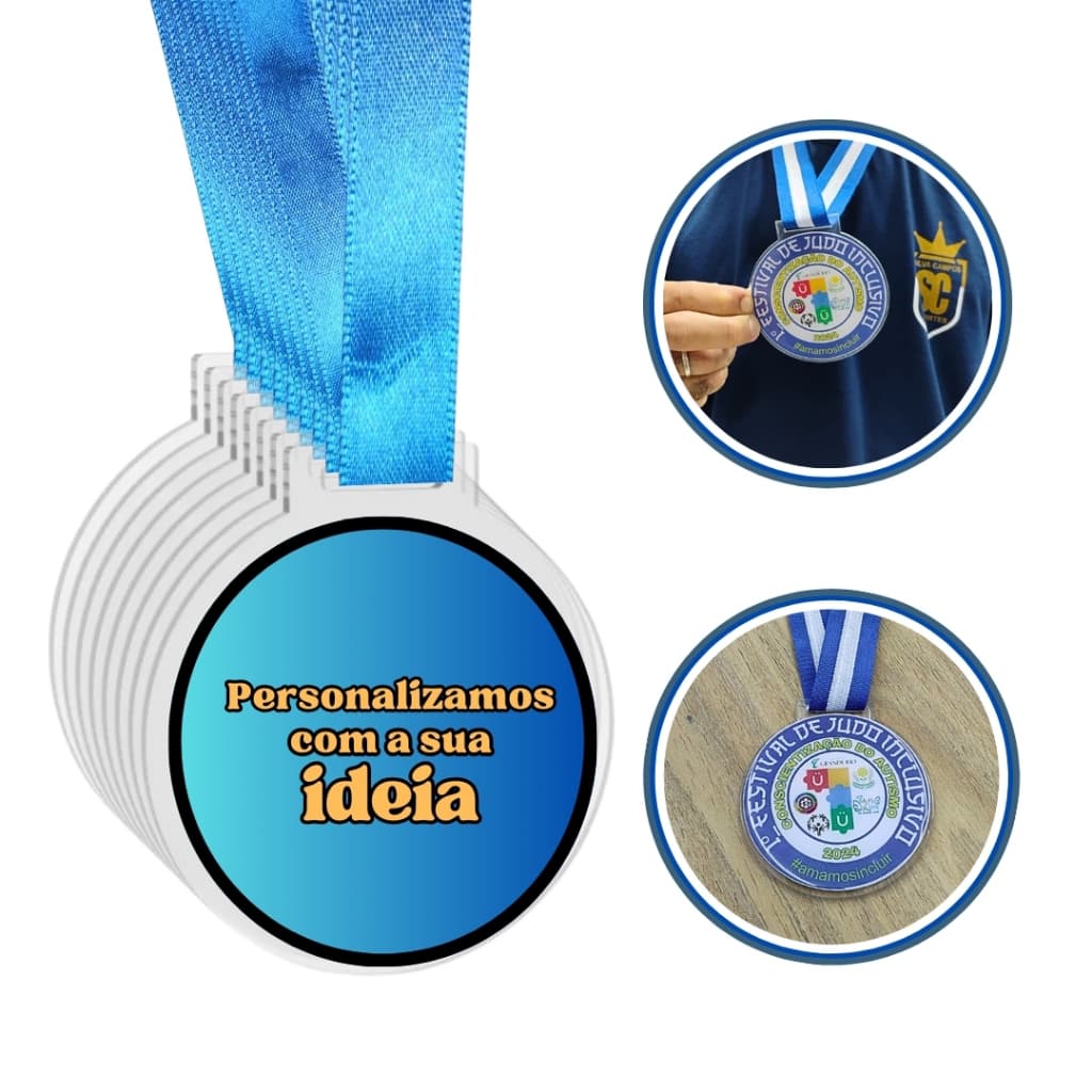 Kit Medalhas Personalizadas de acrílico de 5 cm Adesivadas com Fita Diversas Quantidades