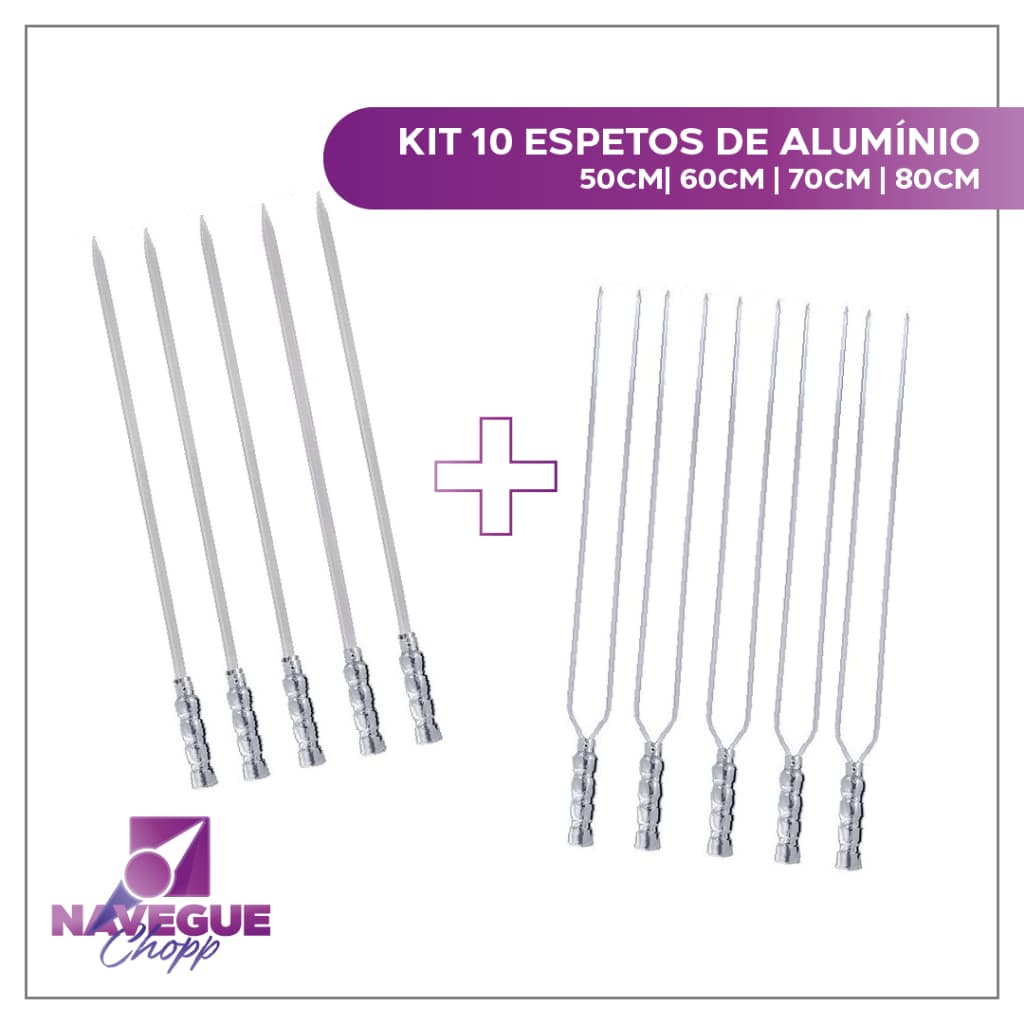 Conjunto de 10 Espetos para Churrasco em Alumínio - 5 Duplos e 5 Espadas