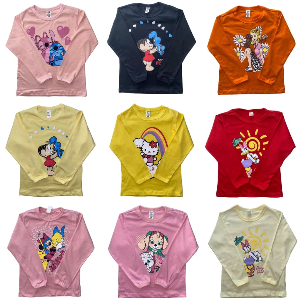 Kit 3 Camisetas Infantil Manga Longa Menina 2 à 8 Anos