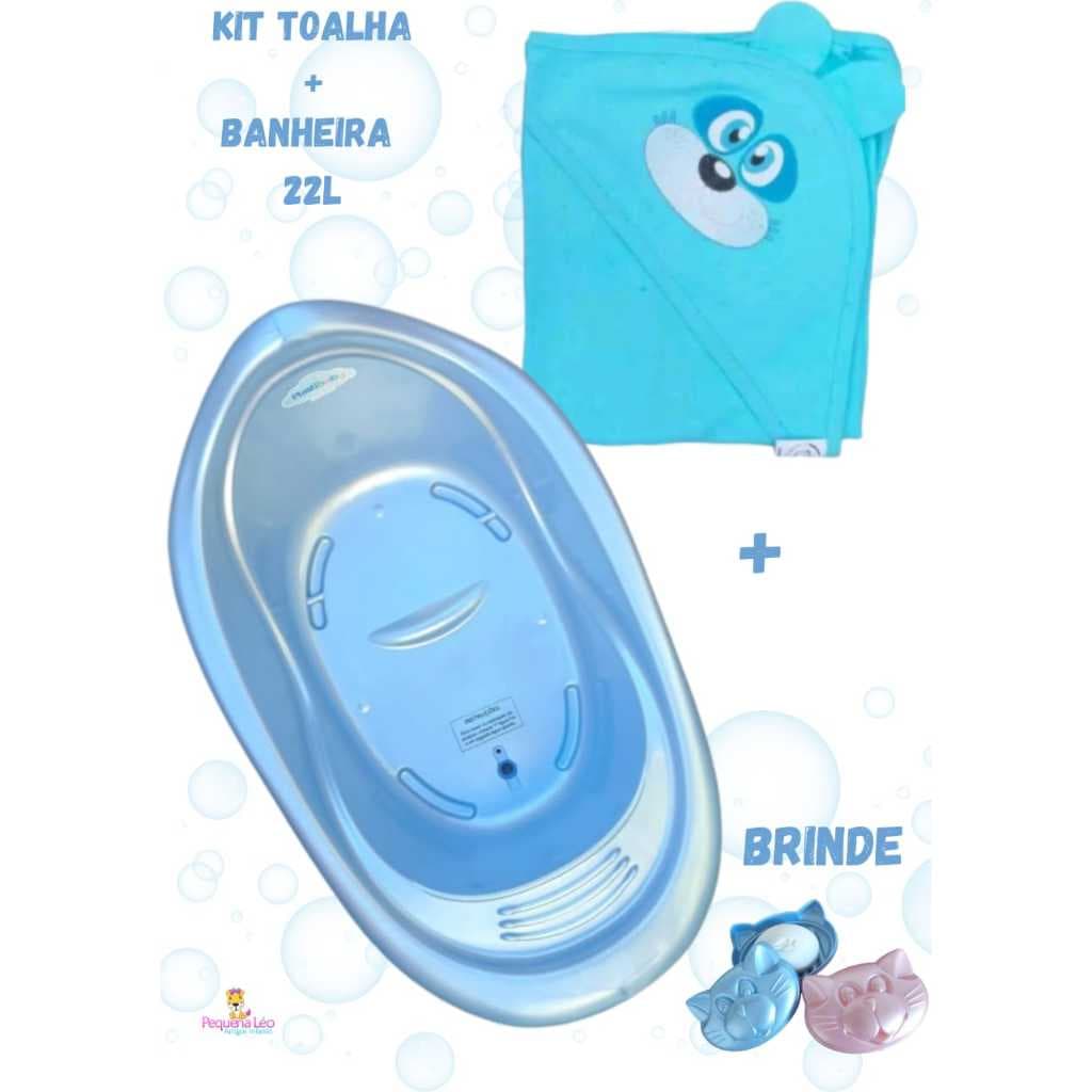 Kit Toalha de banho Bichinhos + Banheira de Bebe 22L Design Anatômico + Saboneteira Menina e Menino
