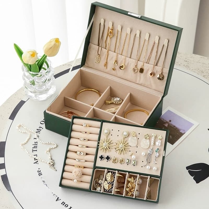 Caixa Porta-Jóias em Couro 2 Camadas CX2020 - Organizador para Anéis, Colares e Pulseiras-Q11