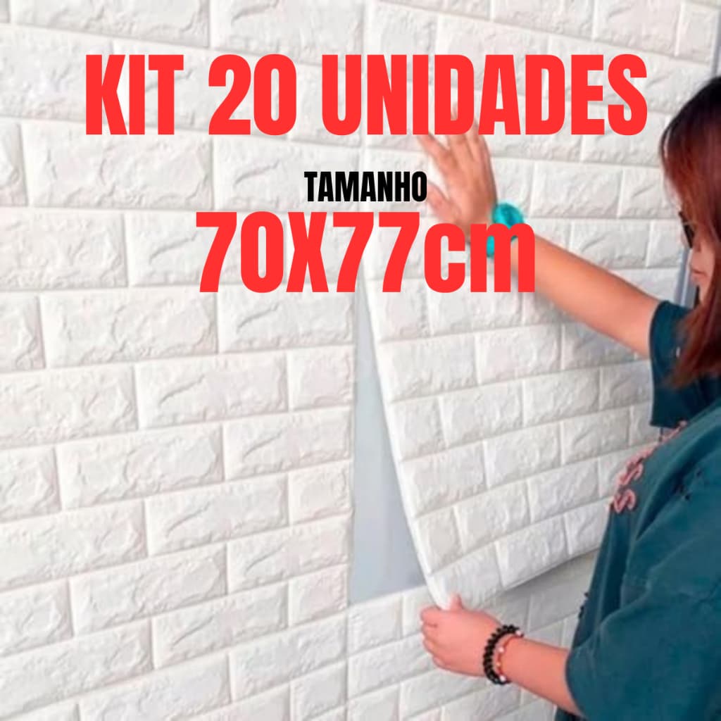 Kit 20 Placas 3D Autocolante Tijolinho Branco Decoração 77X70cm Decoração