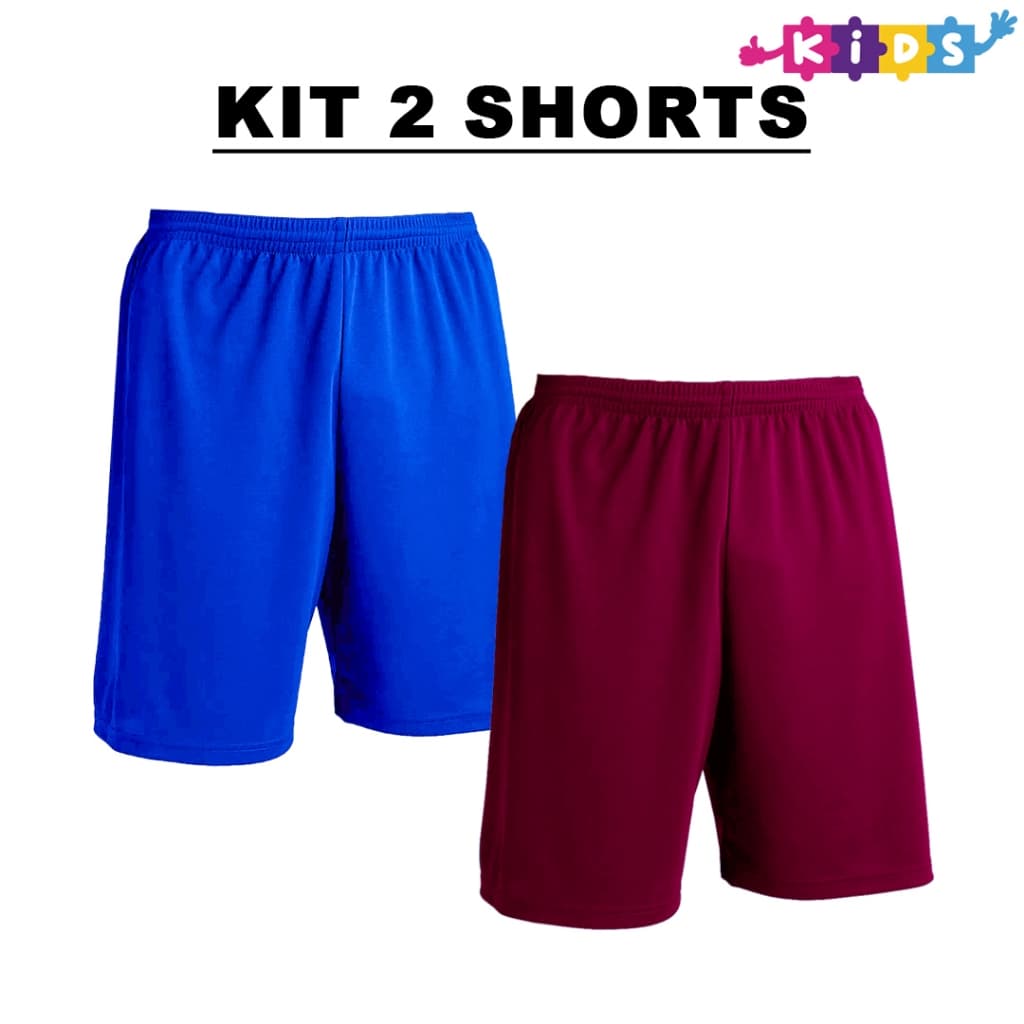 Kit 2 Bermudas Infantil Azul Royal + Cores Calção Shorts De Futebol em Poliéster - Liso