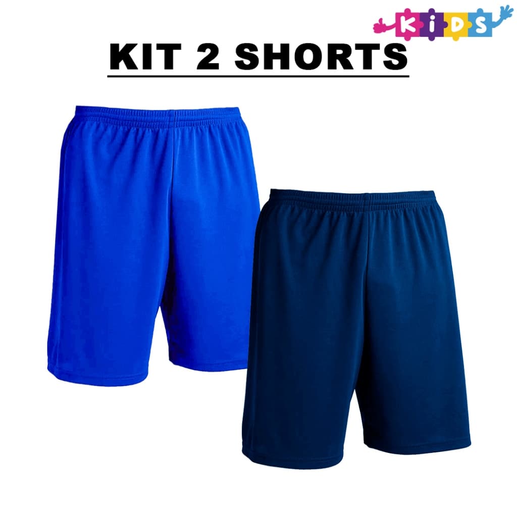 Kit 2 Bermudas Infantil Azul Royal + Cores Calção Shorts De Futebol em Poliéster Liso