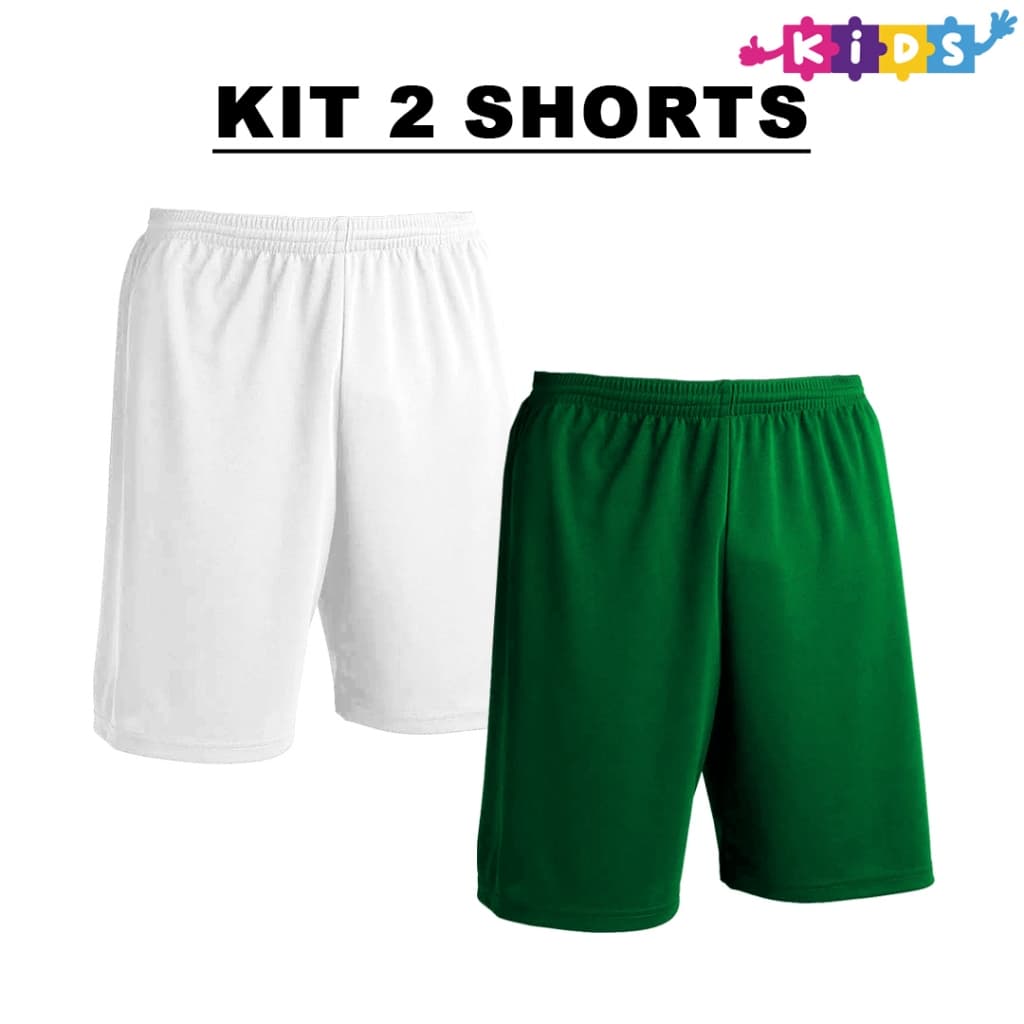 Kit 2 Bermudas Infantil Branco + Cores Calção Shorts De Futebol em Poliéster Liso