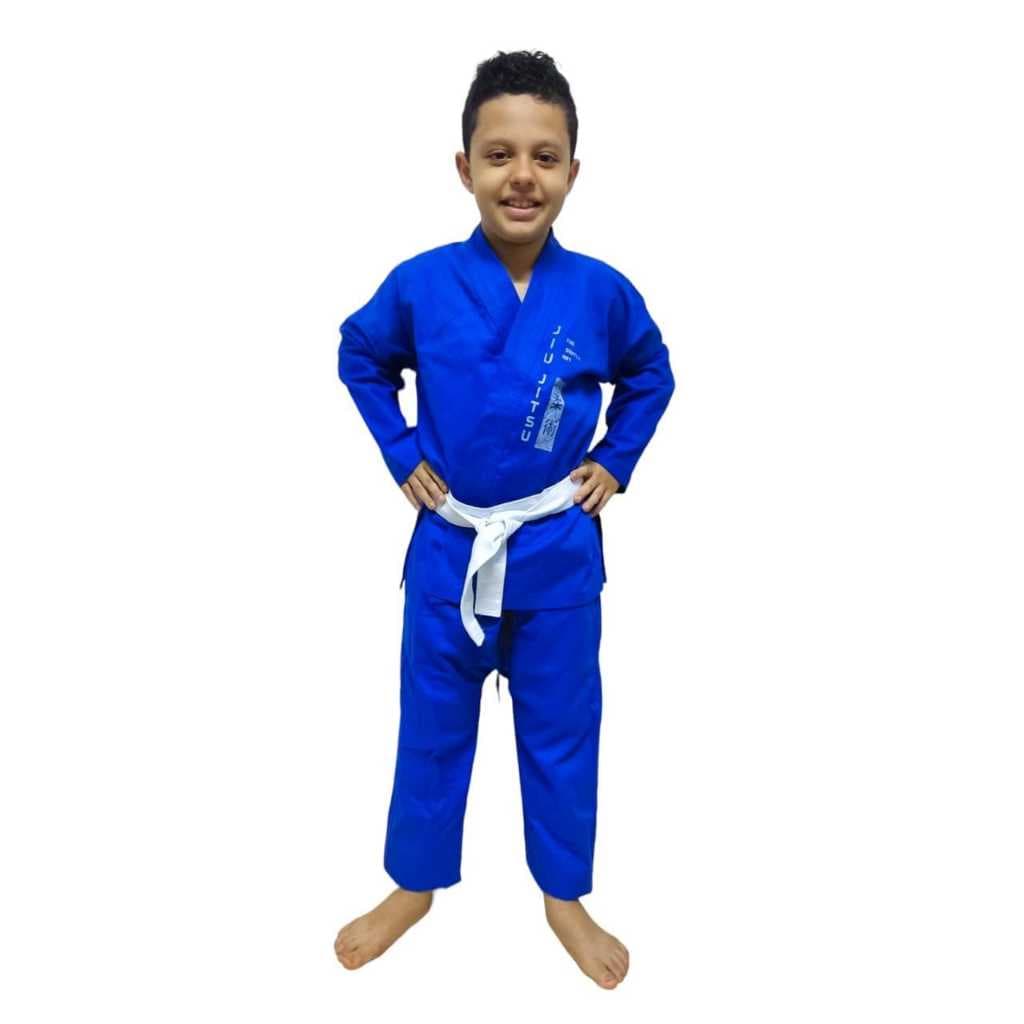 Kimono Jiu Jitsu Infantil, preto, azul branco e rosa brim reforçado com faixa branca com tarja preta