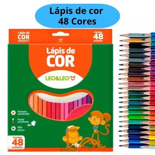 Lápis de Cor Caixa com 48 Cores Escolar Sextavado 48 Lápis Leo&Leo